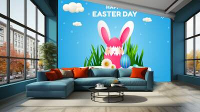 Happy Easter Day celebration background, pedestal podium 3d vector design with baby bunny coming our from egg shell. Wall mural