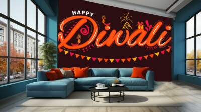 Illustration of Typography calligraphy on Happy Diwali Holiday background for festival of lights and happiness  in India.  Wall mural