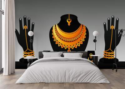 Indian traditional gold necklace set jewelery set for women. Happy Diwali and Dhanteras. Indian Festival of Lights. Wall mural