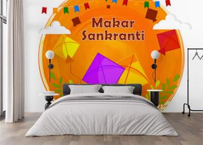 Vector illustration of orange Abstract brush background decorated with colorful kites in cloud for Happy Makar Sankranti festival celebration. Wall mural