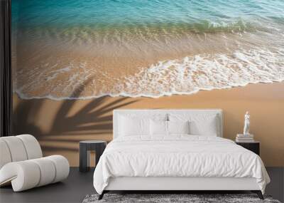 abstract empty sand beach with palm leaf shadow and water wave from above blank background banner for travel vacation and wellbeing with copy space Wall mural