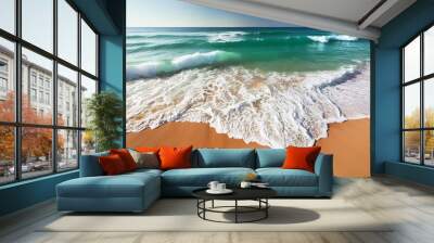 beach sand sea water summer background sand beach desert texture white foam wave sandy seashore top view Wall mural