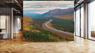 long view the steese highway in the autumn wilderness near fairbanks alaska Wall mural