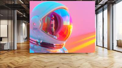 3D astronaut illustration with rainbow colorful gradient bold neon lights and pink vibrant colors in futuristic cyberpunk style with glossy texture for digital cool background Wall mural