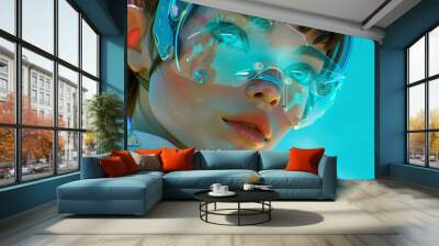 3D beautiful girl with black hair in futuristic transparent glasses and helmet looking at goggles screen with robotic body suit cyberpunk futuristic neon blue cool background Wall mural