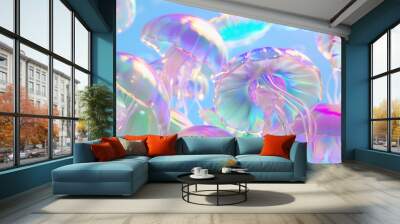 3D colorful glass textured jellyfishes floating in the air with futuristic pop style background Wall mural