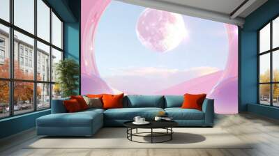 3D glass textured curves stage with copy space in graident pink colors dreamy fashion high-end poster commercial background Wall mural