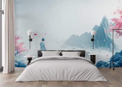 3D illustration of an anceint Chinese woman wearing Hanfu dress standing in moutains sea water with clouds and red flower trees in ink style grey background Wall mural