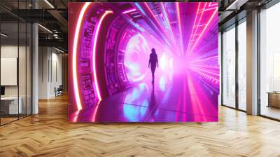 3D person silhouette stands in empty futuristic virtual reality space tunnel with glowing holographic beam lines and digital interfaces cyberpunk sci-fi fashion technology web purple pink background Wall mural