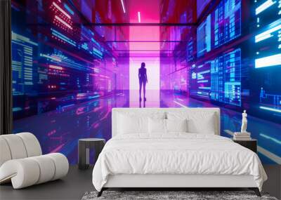 3D person silhouette stands in empty futuristic virtual reality space with glowing holographic beam lines and digital data interfaces cyberpunk sci-fi fashion technology web purple blue background Wall mural