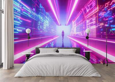 3D person silhouette stands in empty futuristic virtual reality space with glowing holographic beam lines and digital interfaces cyberpunk sci-fi fashion technology web pink blue background Wall mural