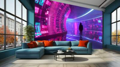 3D person silhouette stands in empty futuristic virtual reality space with glowing holographic beam lines and digital interfaces cyberpunk sci-fi fashion technology web screen pink purple background Wall mural