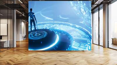 3D person standing on floating data platform futuristic glow digital space cyberpunk vr technology   abstract blue white background Wall mural