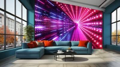 3D speed of light lines in LED tunnel with neon colorful stripes futuristic dynamic technology cyberpunk gradient pink blue background Wall mural