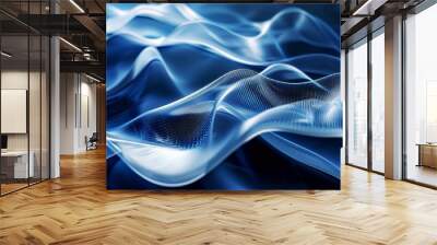 3D white dynamic flowing luxury silk curves with glowing waves in glossy blue abstract fashion technology textile wallpaper background Wall mural