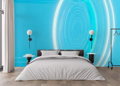 A 3D futuristic and high-tech blue poster with holographic floating digital circles and glowing lines in futuristic virtual reality digital cyberpunk style Wall mural