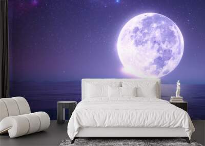 A 3D white moon with a glowing texture surface on beautiful relaxing wave wide ocean gradient starry sky night cinematic design purple dreamy refresh background Wall mural