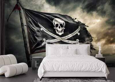 a dramatic photo of a tattered pirate flag waving defiantly against a backdrop of a stormy sky the image symbolizes danger defiance and the rebellious spirit of the pirate life Wall mural