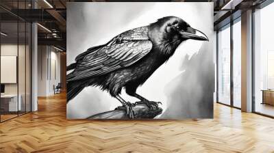 black raven engraving black and white drawing Wall mural