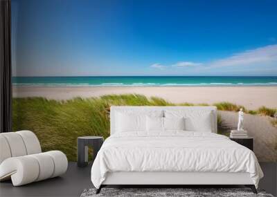 picturesque beach with clear blue sky and lush green grass under the horizon Wall mural