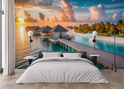 sunset on maldives island luxury water villas resort and wooden pier beautiful aerial sky clouds and beach background summer coast vacation travel paradise sunrise landscape pristine sea bay Wall mural