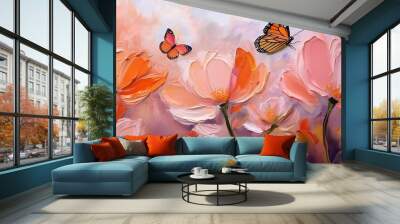 tips and tricks for painting spring flowers with oil paints in peach tones and a bright orange butterfly Wall mural