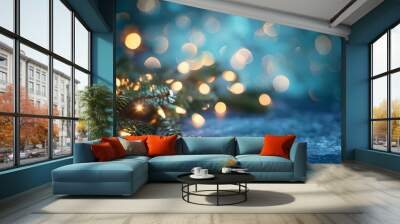 Concept for holiday lighting and décor: Christmas garland bokeh lights set against a deep blue backdrop Wall mural