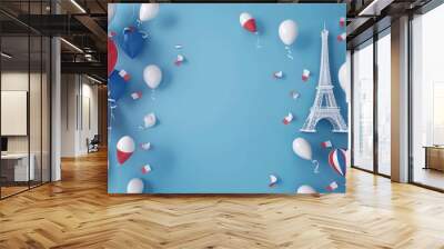 3d illustration of France National Day, French flag and Eiffel Tower with balloons on blue background for celebration French holiday concept Wall mural