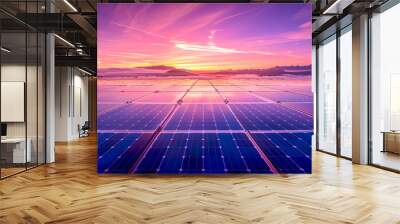 Renewable solar energy panels, modern green power generation, sunny field of photovoltaics Wall mural