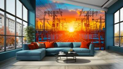 Sunset over power lines, silhouette of electricity towers against vibrant sky Wall mural