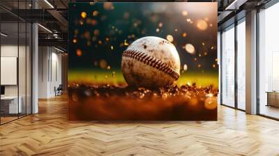 A close-up view of a baseball on the ground, surrounded by dirt and soft sunlight, capturing the essence of the sport. Wall mural