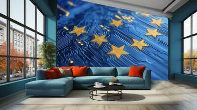 A close-up view of a digital circuit board featuring the iconic stars of the European Union on a vibrant blue background. Wall mural