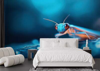 A close-up view of a vibrant insect with striking red eyes, set against a soft blue background, showcasing intricate details and textures. Wall mural