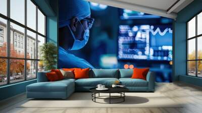 A healthcare professional monitors patient data on high-tech screens in a modern medical environment. Wall mural