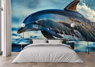 A playful dolphin jumps out of the ocean, showcasing the beauty and grace of marine life against a vibrant blue background. Wall mural