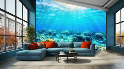 Beautiful underwater scene showcasing vibrant coral reefs and sunlight piercing through crystal clear water. Wall mural