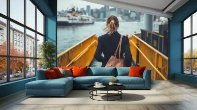 Businesswoman stepping off a ferry in a coastal city, Commute to work, waterfront travel Wall mural