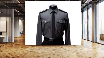 Classic black police uniform with shoulder epaulettes and front pockets, isolated on white background, perfect for security service themes. Wall mural