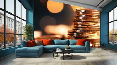 Close-up of stacked golden coins with a soft bokeh background, symbolizing wealth and finance in a modern setting. Wall mural