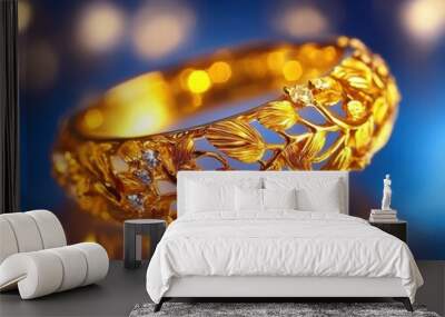 Elegant gold bracelet adorned with intricate floral designs and sparkling gemstones, perfect for special occasions. Wall mural