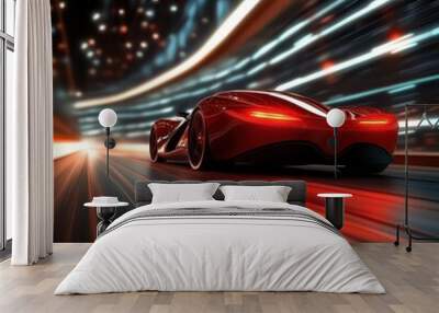 Futuristic red car speeding through illuminated cityscape at night. Wall mural