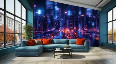 Futuristic urban skyline with glowing lights and vibrant colors, representing a digital city landscape. Wall mural