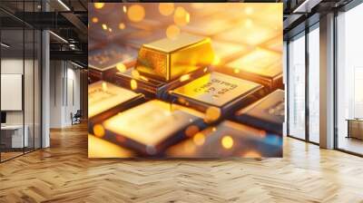 Golden bar on a keyboard with glowing particles representing digital currency, finance, and technology. Wall mural