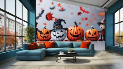 Halloween decorations with pumpkins, ghosts, witches, and autumn leaves create a festive and spooky atmosphere for the celebration. Wall mural