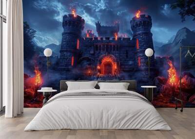 Majestic, ominous castle ablaze with fire under a stormy night sky, surrounded by dramatic mountain scenery. Wall mural