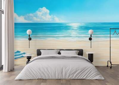 Serene beach scene with turquoise water and bright sky, perfect for summer vibes. Wall mural