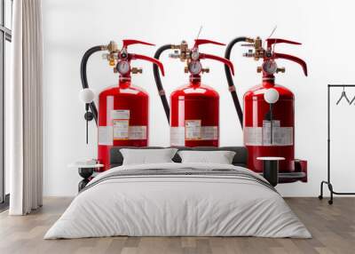 Three red fire extinguishers in a row, isolated on white background. Essential firefighting equipment for safety and emergency response. Wall mural