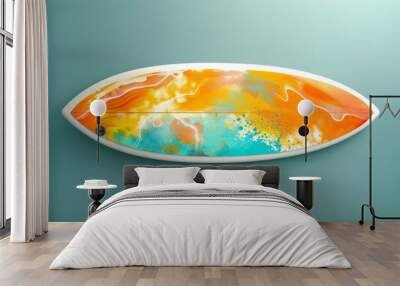 Vibrant, colorful custom surfboard with abstract orange, blue, and yellow design on a serene blue background. Perfect for surf enthusiasts. Wall mural