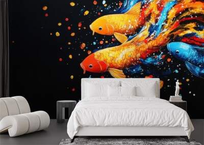 Vibrant artwork of colorful fish swimming through a splash of vivid colors against a dark background, showcasing artistic creativity. Wall mural