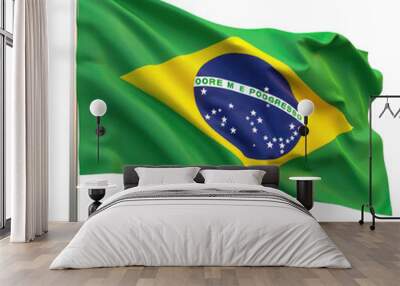 Waving Brazilian flag on a flagpole with clear design and vibrant colors. National symbol of Brazil with iconic green, yellow, and blue colors. Wall mural